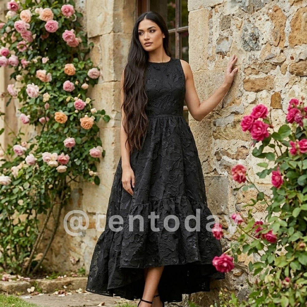 Mac Duggal Womens Size 14 Black Sleeveless High Low Brocade Gown Long Maxi Dress